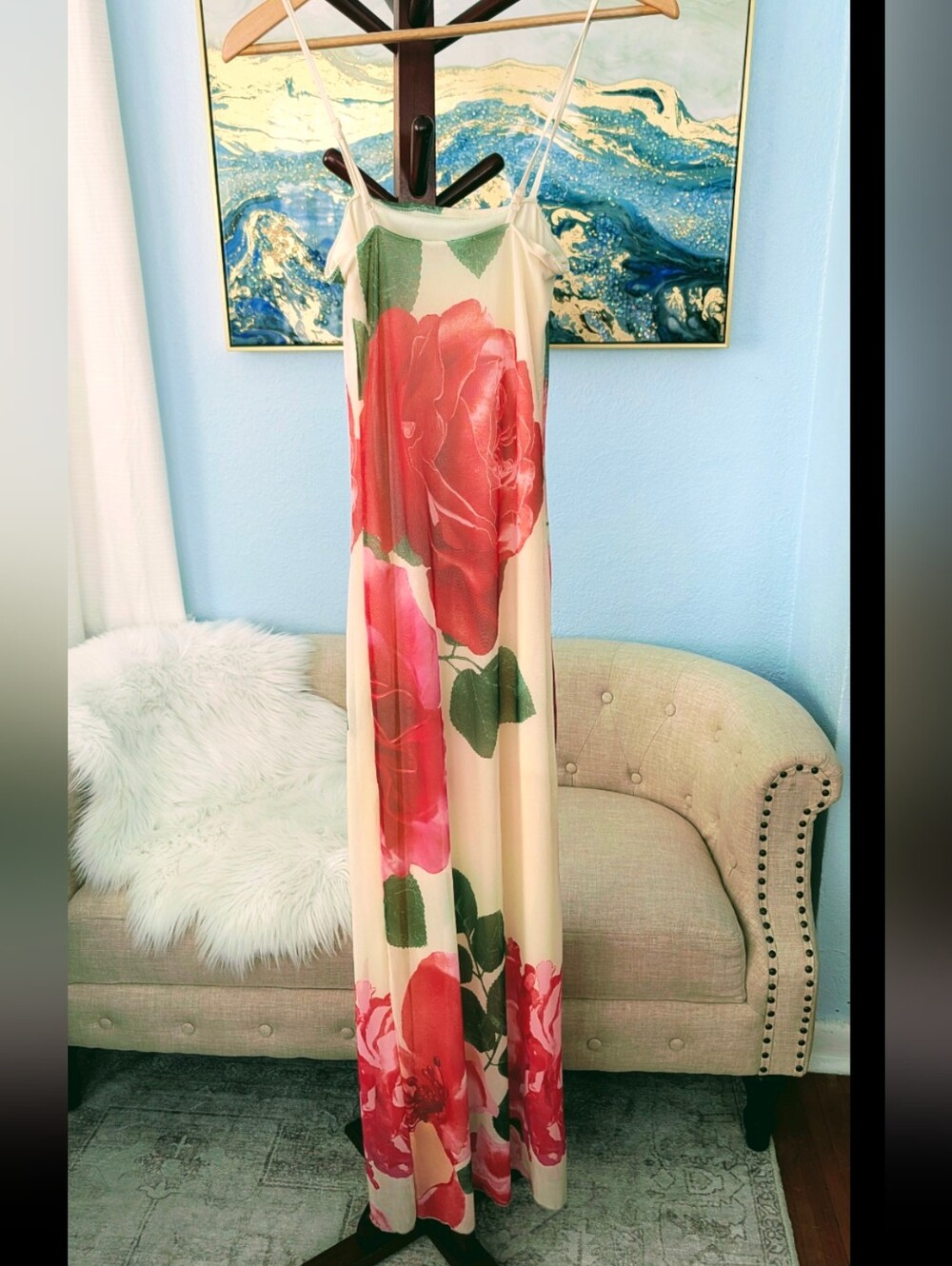 Sincerely Jules Cream Maxi Dress with Red & Green Floral Print Sz XS .Never Used - Picture 4 of 6